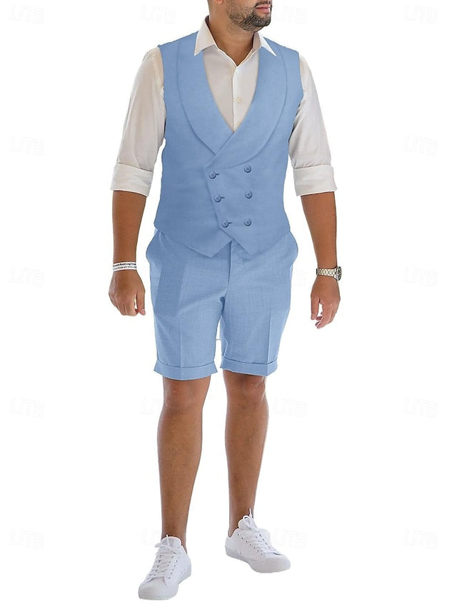 Men's Tailored Fit Double Breasted Six-buttons 2 Pieces Linen Suits Sky Blue