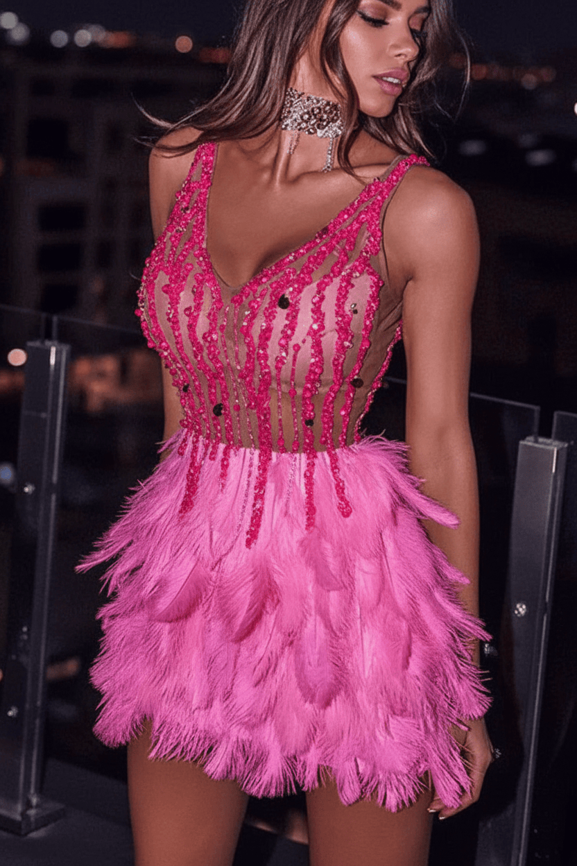 White Feather Crystal Beaded Mini Party Dress | Homecoming Dress HC042