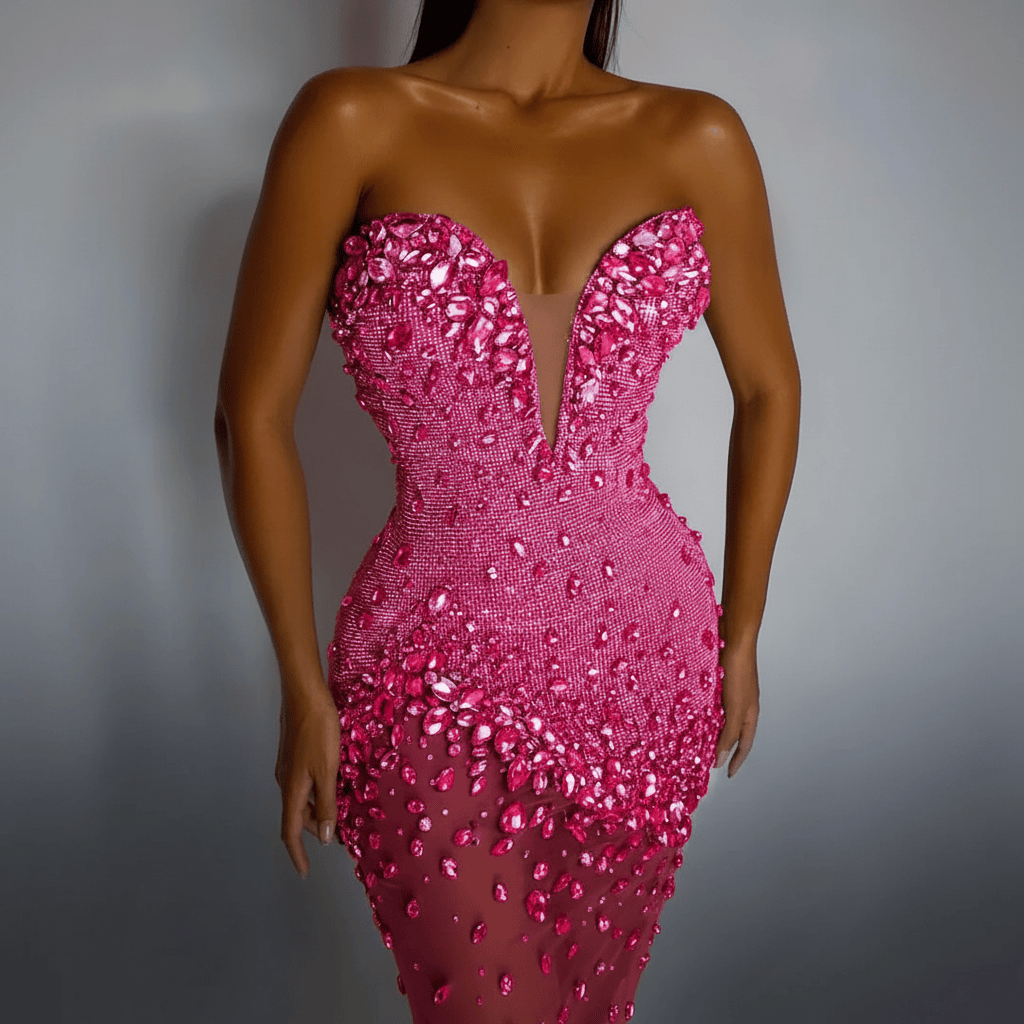 Silver Gemstone Encrusted Deep V Strapless Mini Party Dress | Homecoming Dress