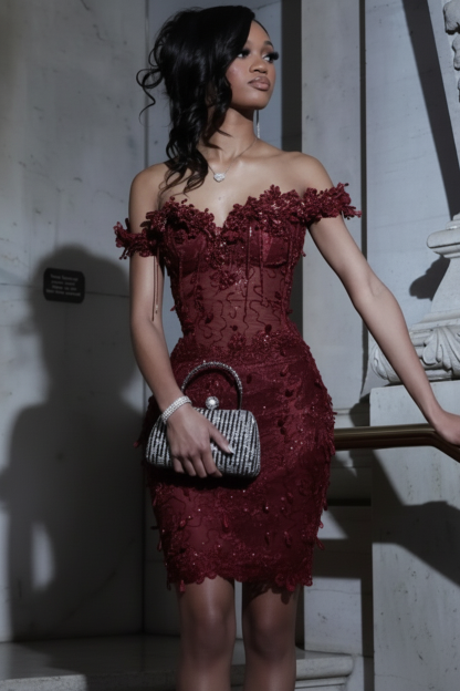 Black Off-Shoulder 3D Floral Lace Sheer Corset Homecoming Dress | HC014