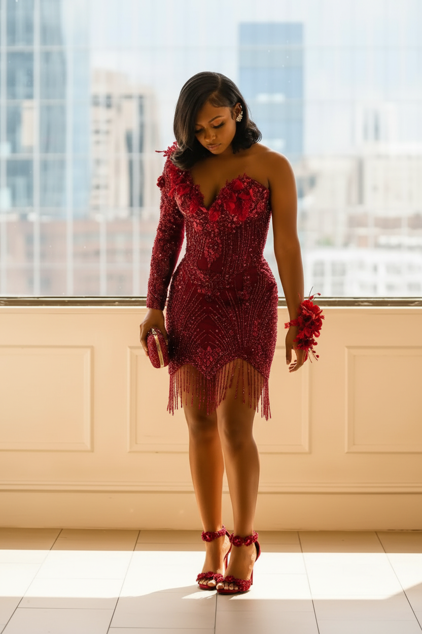 Gold One-Shoulder Crystal Tassel Fringe Beaded Homecoming Dress | HC006