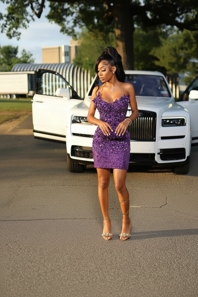Glam Crystal Beaded Homecoming Dress with 3D Floral Details | HC001
