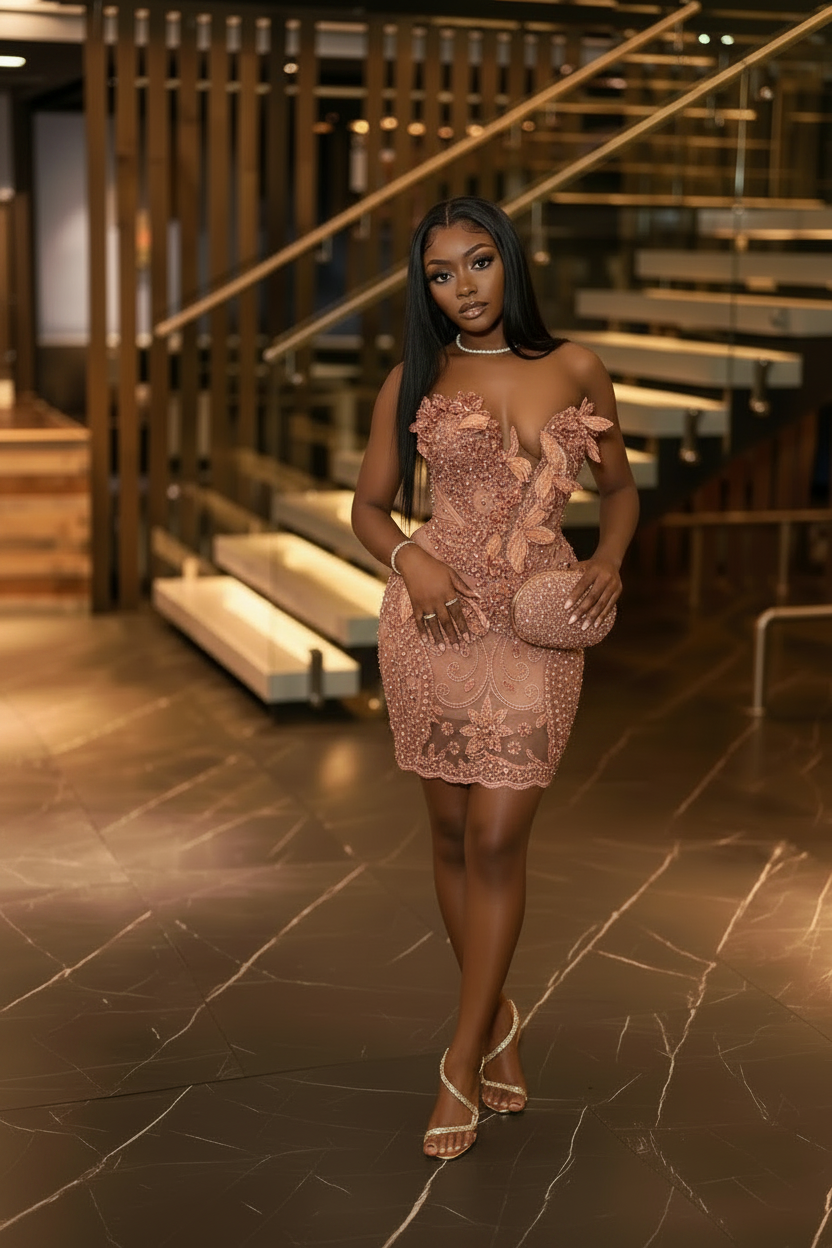 Gold 3D Floral Beaded Strapless Homecoming Dress | HC003