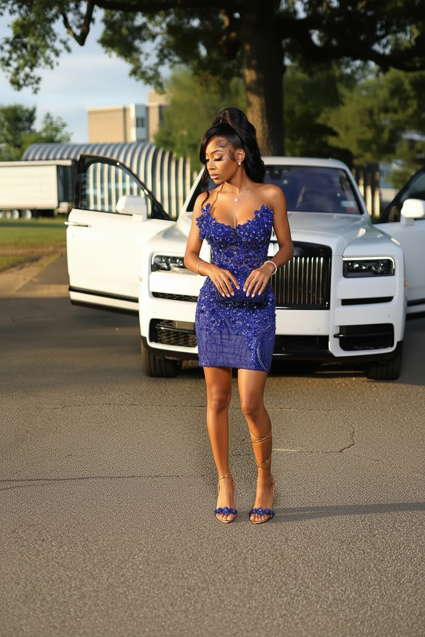 Glam Crystal Beaded Homecoming Dress with 3D Floral Details | HC001
