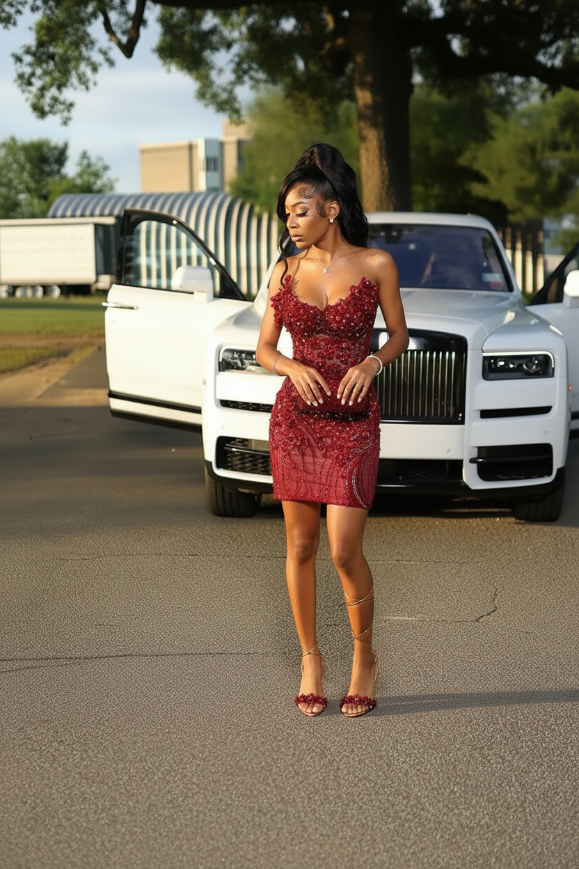 Glam Crystal Beaded Homecoming Dress with 3D Floral Details | HC001