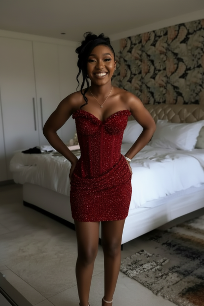 Burnt Orange Crystal Beaded Strapless Corset Homecoming Dress | HC008