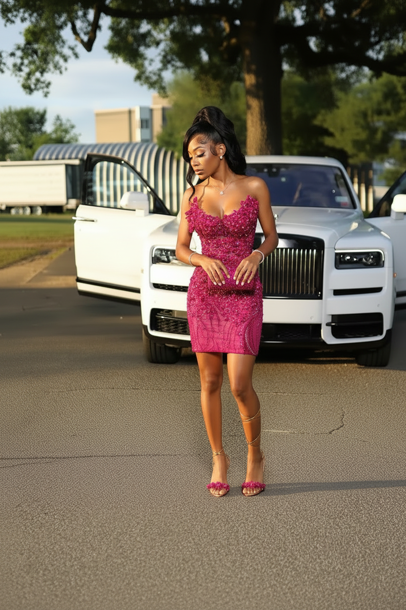 Glam Crystal Beaded Homecoming Dress with 3D Floral Details | HC001