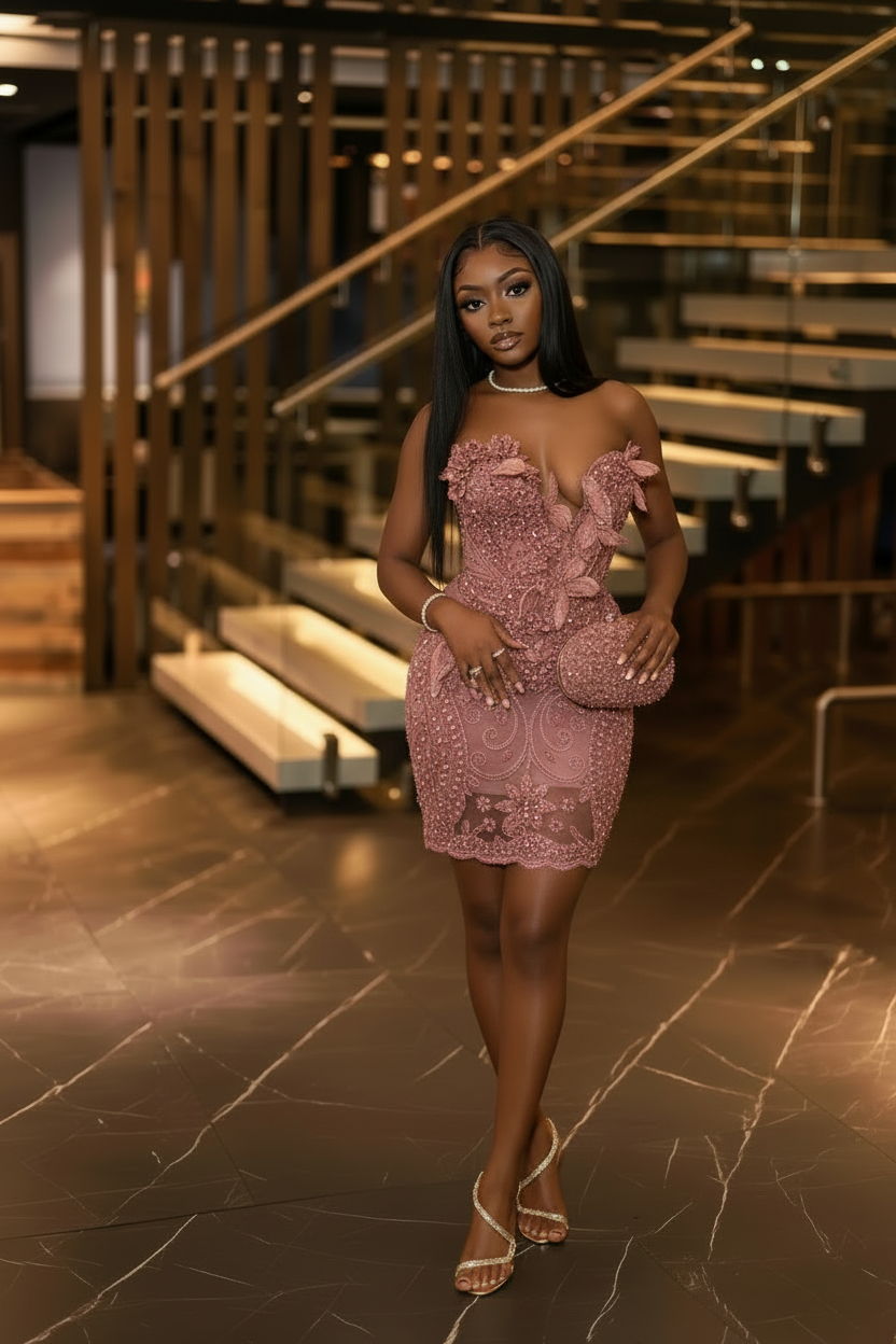 Gold 3D Floral Beaded Strapless Homecoming Dress | HC003