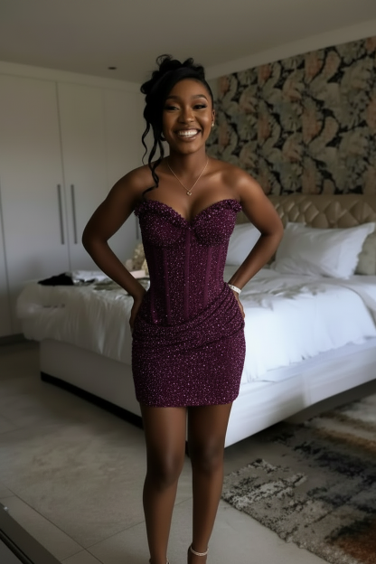 Burnt Orange Crystal Beaded Strapless Corset Homecoming Dress | HC008