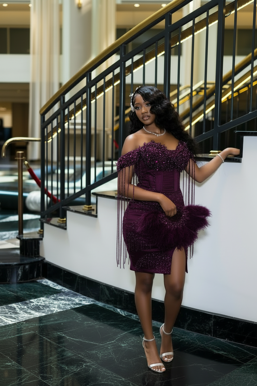 Ice Blue Off-Shoulder Crystal Tassel Fringe Beaded Homecoming Dress with Slit | HC007