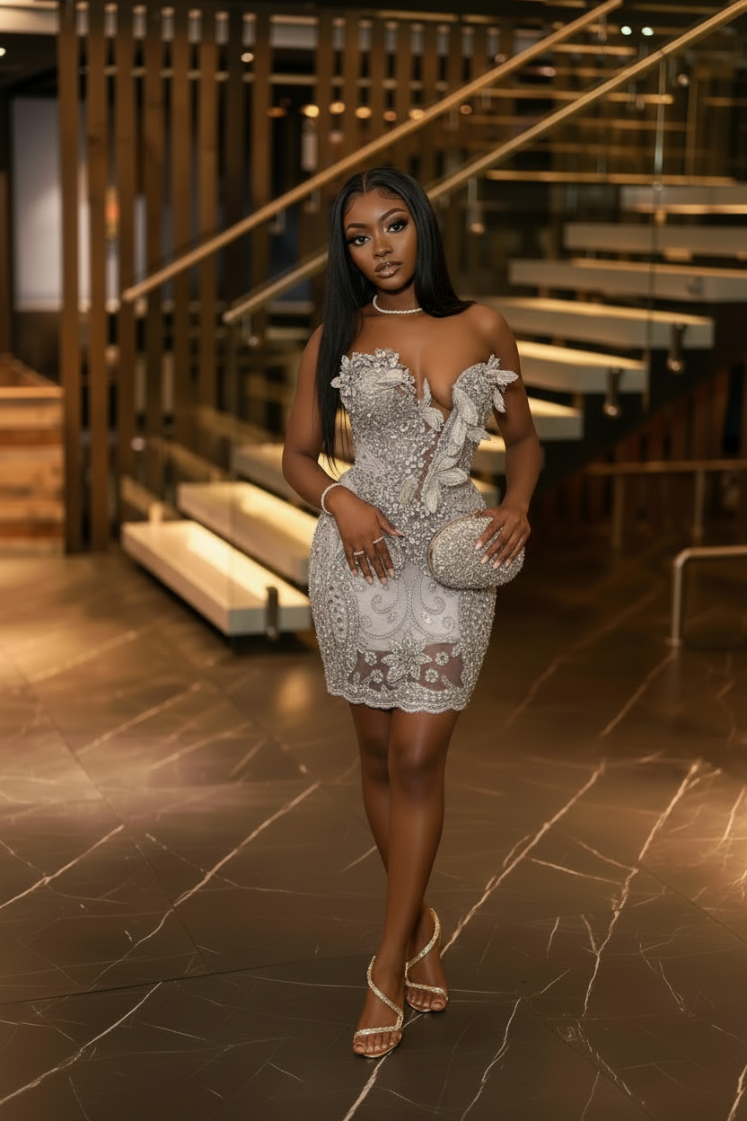 Gold 3D Floral Beaded Strapless Homecoming Dress | HC003