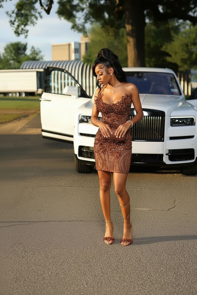 Glam Crystal Beaded Homecoming Dress with 3D Floral Details | HC001
