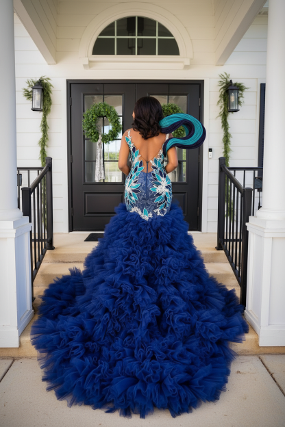 Navy blue 3D peacock sculptural mermaid prom dress - back view showing deep V illusion back and royal blue tulle skirt