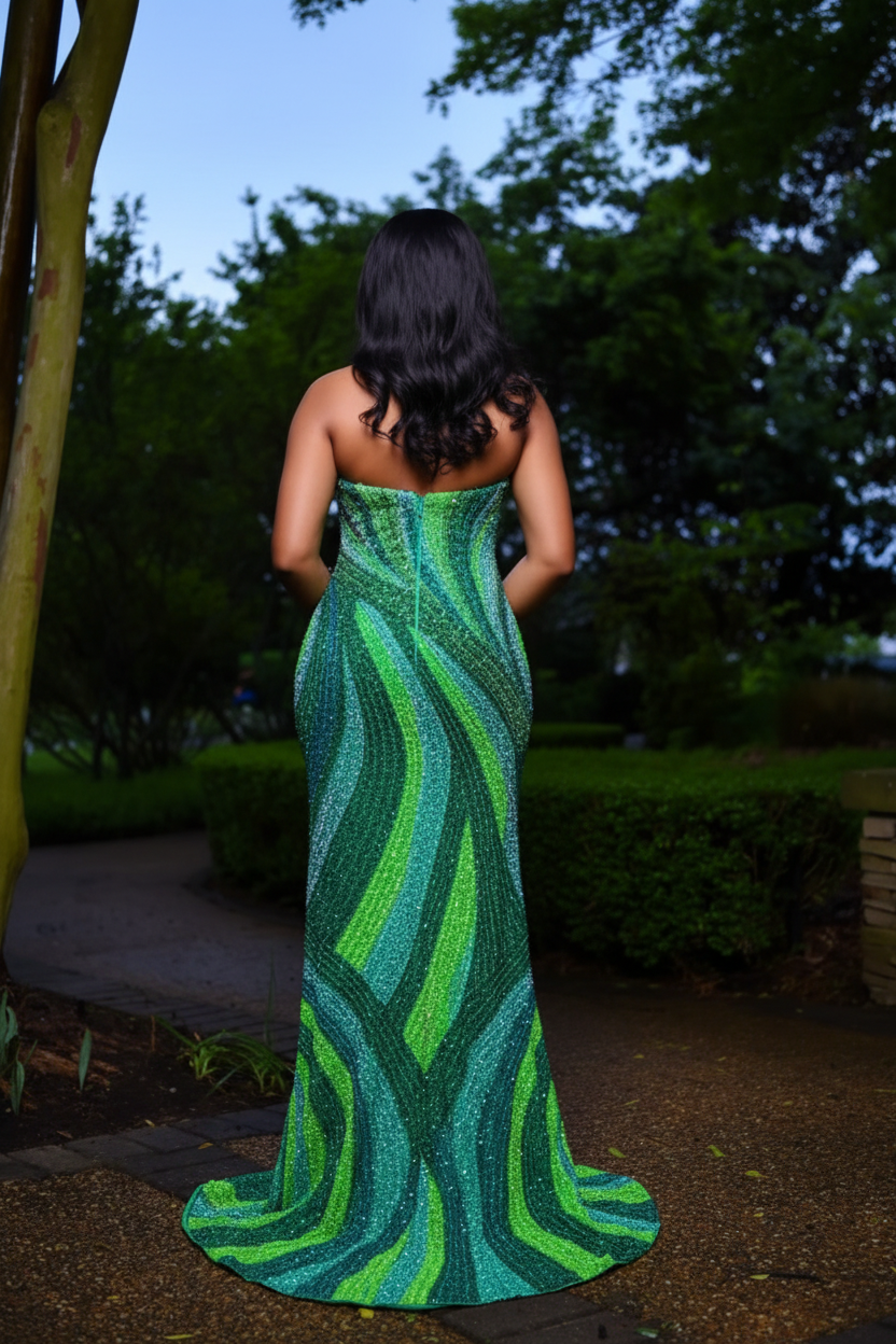 Emerald Swirl Sequin Mermaid Prom Dress BK4735 - Back View