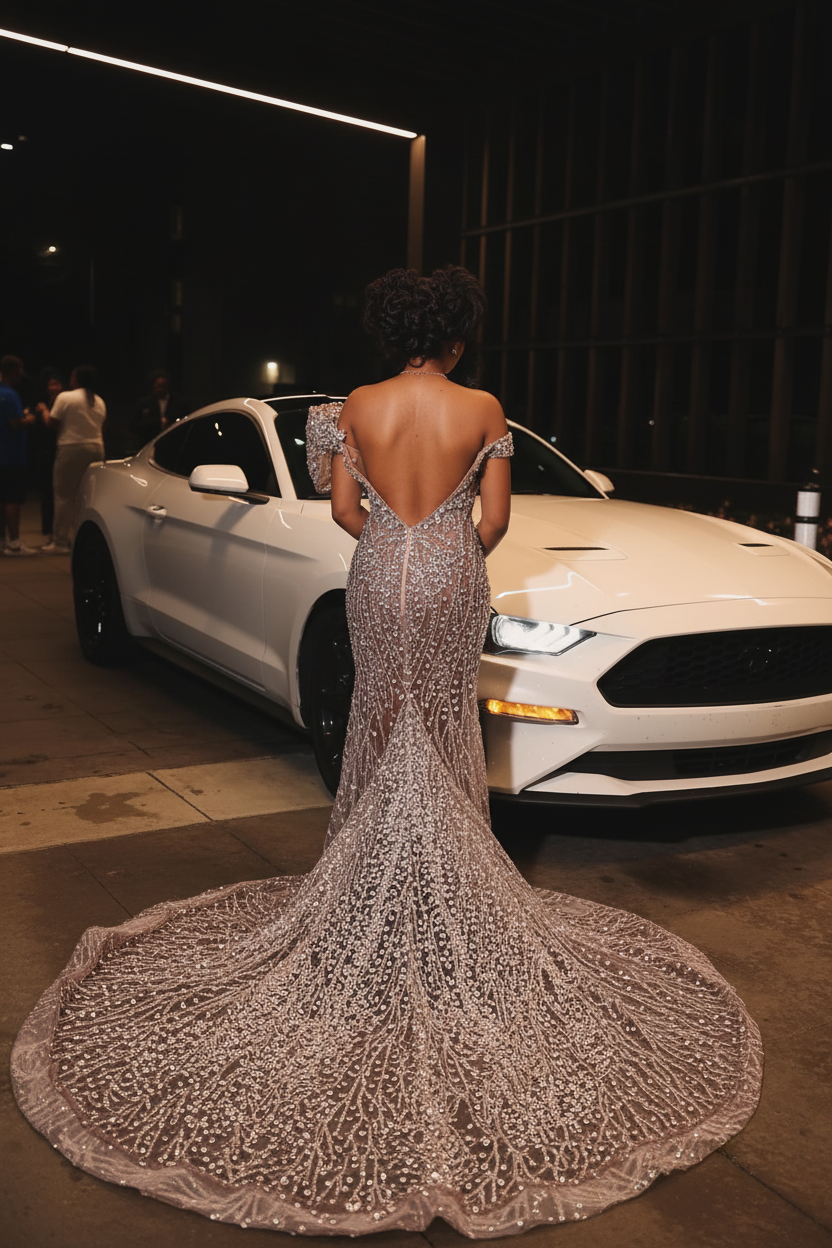 Silver crystal beaded mermaid prom dress - AI generated back view