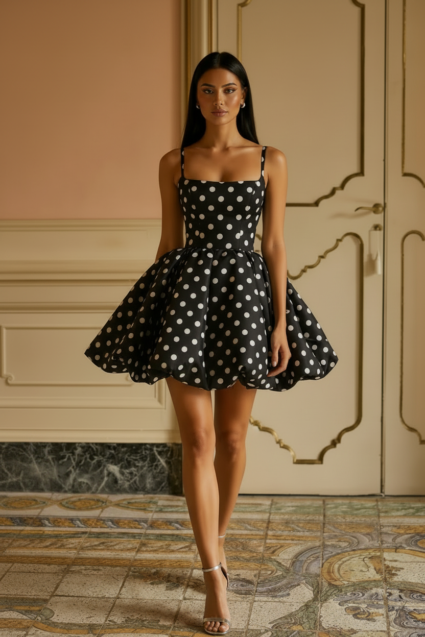 Black White Polka Dot Spaghetti Strap Open Back Short Homecoming Dress