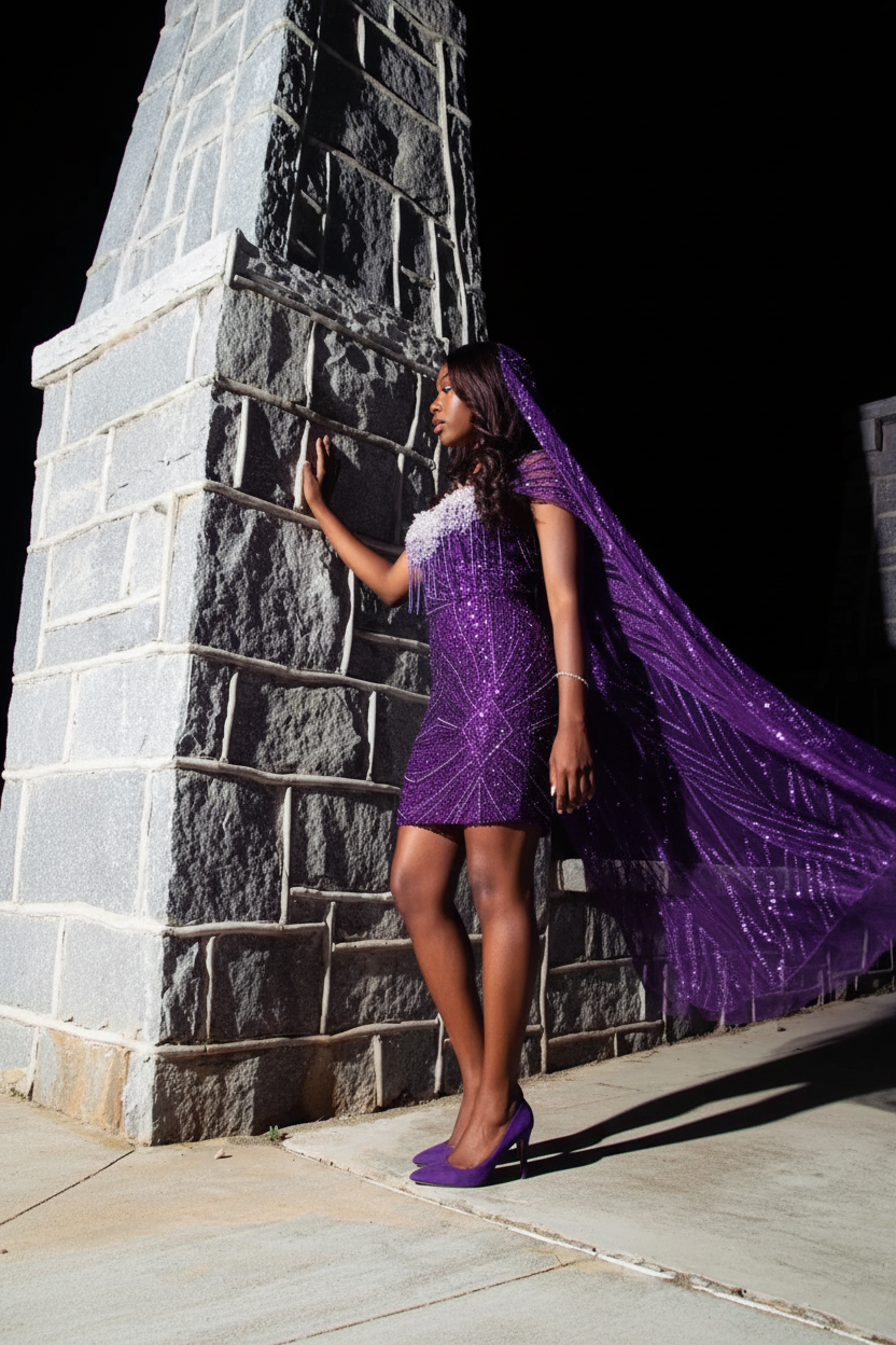 Purple Reign Sequin Beaded Mini Homecoming Dress with Cape Veil HC076 - Side