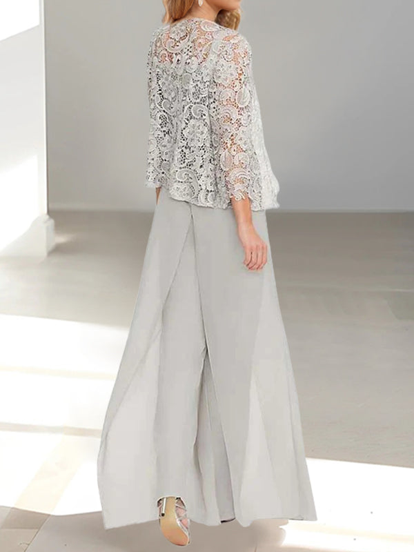 Floor-Length Square Neck Chiffon Mother of the Bride Pantsuit with Jacket & Side Split-LLELLA