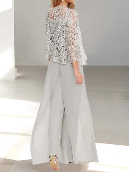 Floor-Length Square Neck Chiffon Mother of the Bride Pantsuit with Jacket & Side Split-LLELLA