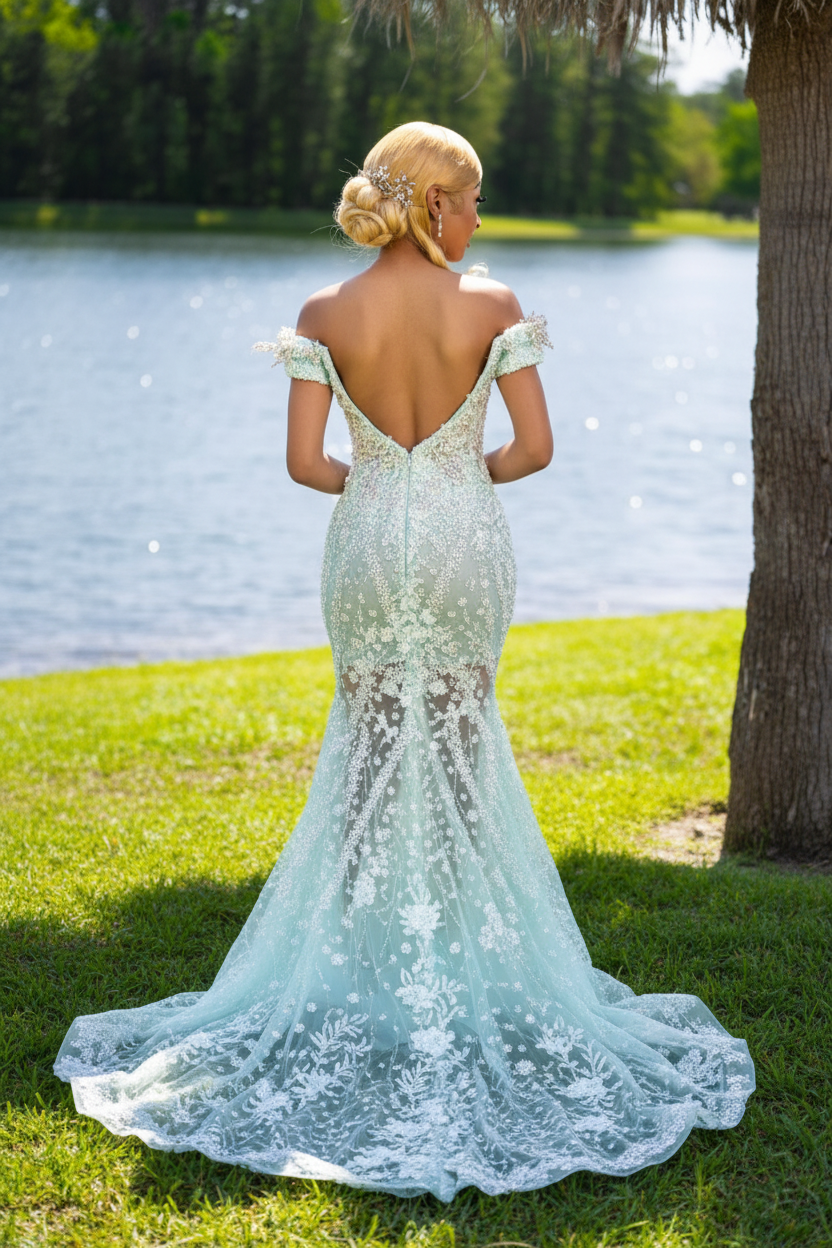 Mint green 3D floral beaded mermaid prom dress back view