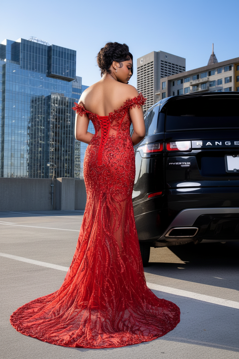 Red 3D floral branch crystal beaded off-shoulder sheer mermaid prom dress - back view showing open back floral appliques red crystal swirl pattern high slit sweep train Range Rover city skyline