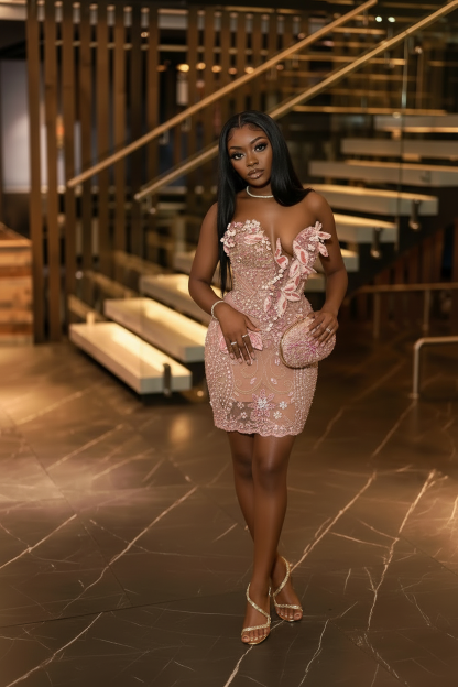 Gold 3D Floral Beaded Strapless Homecoming Dress | HC003