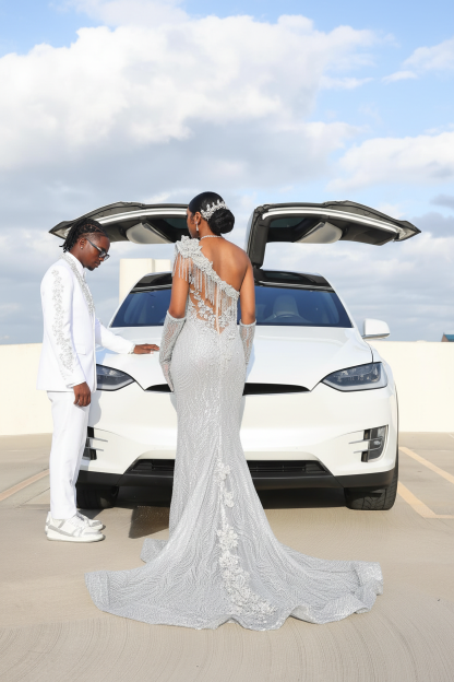 Silver Ice Blue One-Shoulder Mermaid Prom Dress BK4745 - Back View