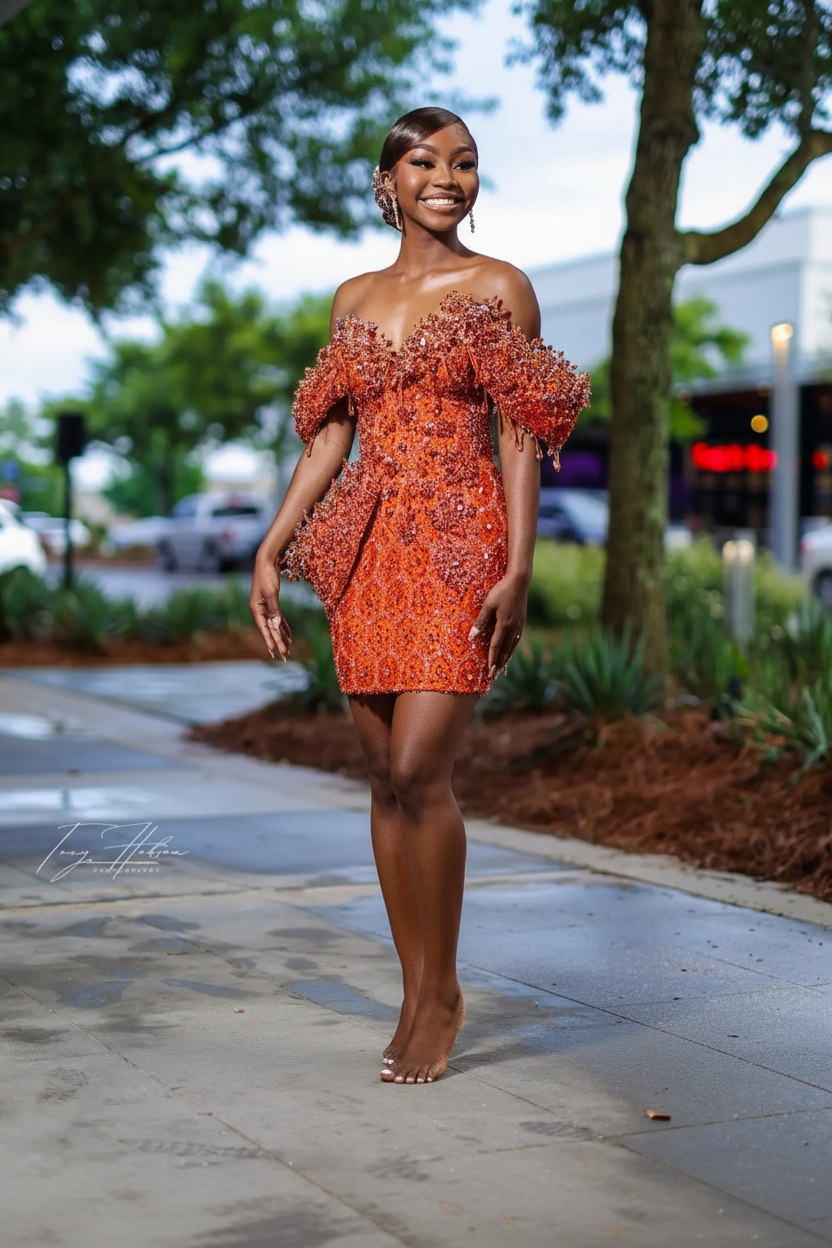 Burnt Orange Off-Shoulder Sequin Beaded Mini Homecoming Dress | Short Party Dress HC053