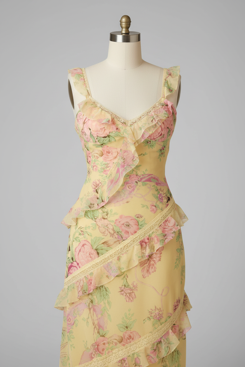 Yellow Floral Print Tiered Ruffle Prom Dress with Open Back and Tie Straps-LLELLA