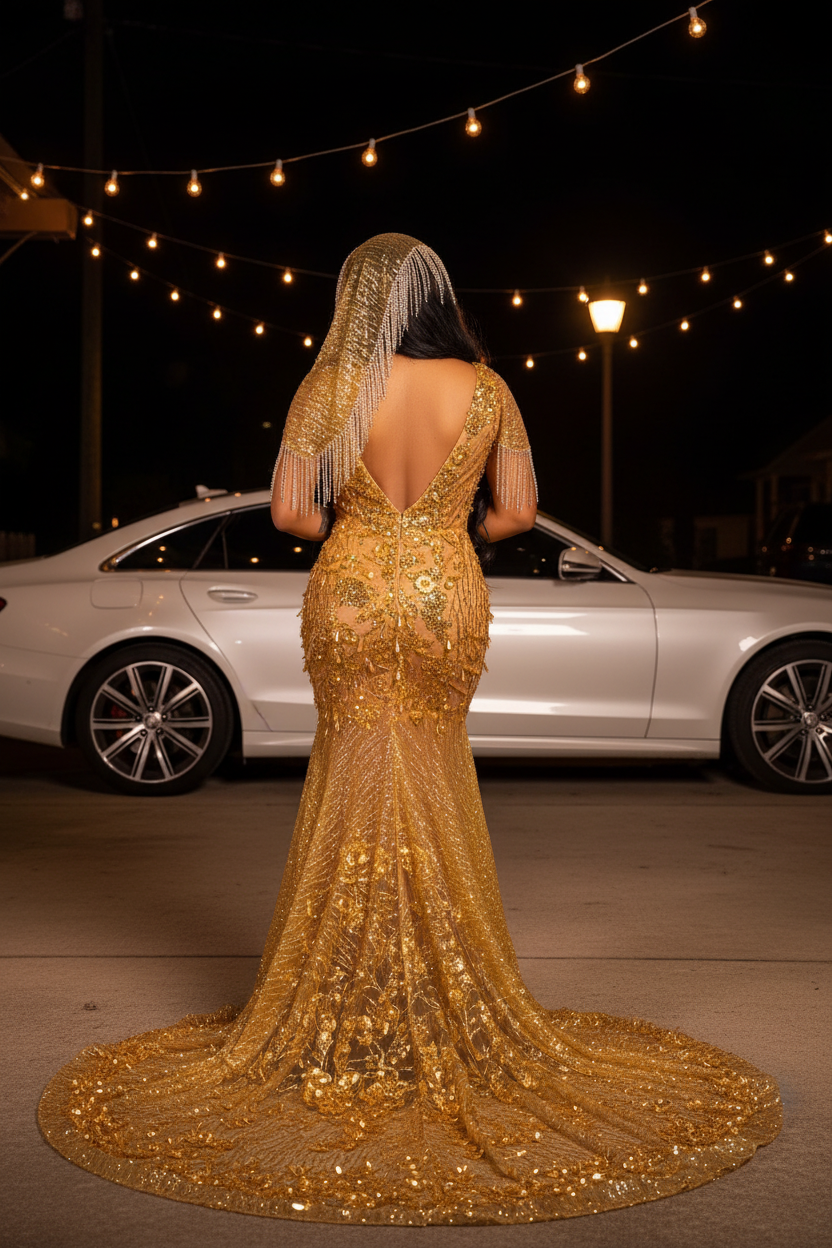 BK4733 gold sequin mermaid prom dress back view