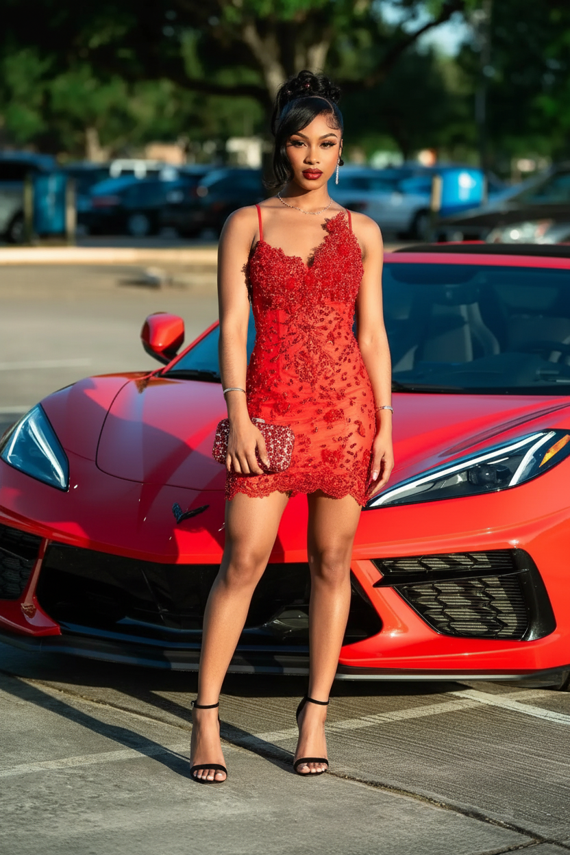 Red sheer beaded lace mini party dress front view