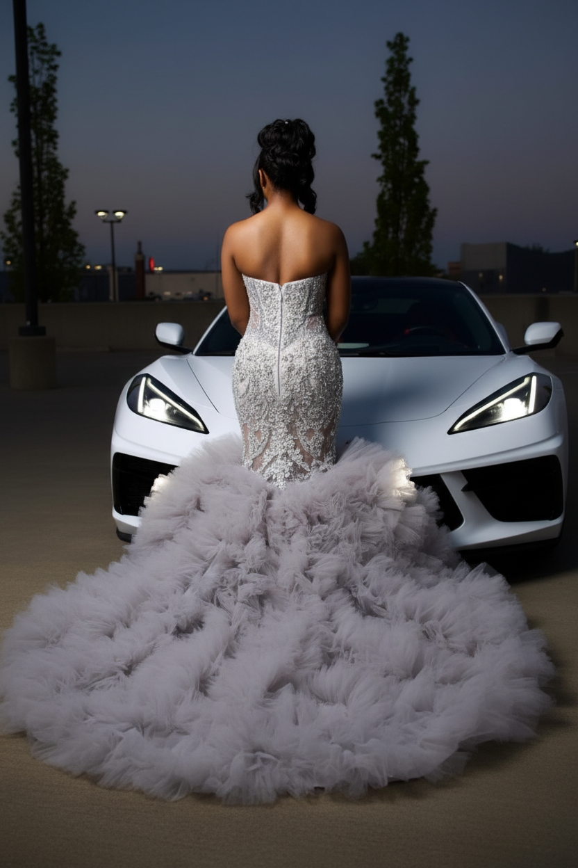 The Silver Cloud - 2026 Crystal Beaded Mermaid Gown: Sweetheart Neckline with Cascading Crystal Fringe & Extravagant White Tulle Cloud Ruffle Train-LLELLA