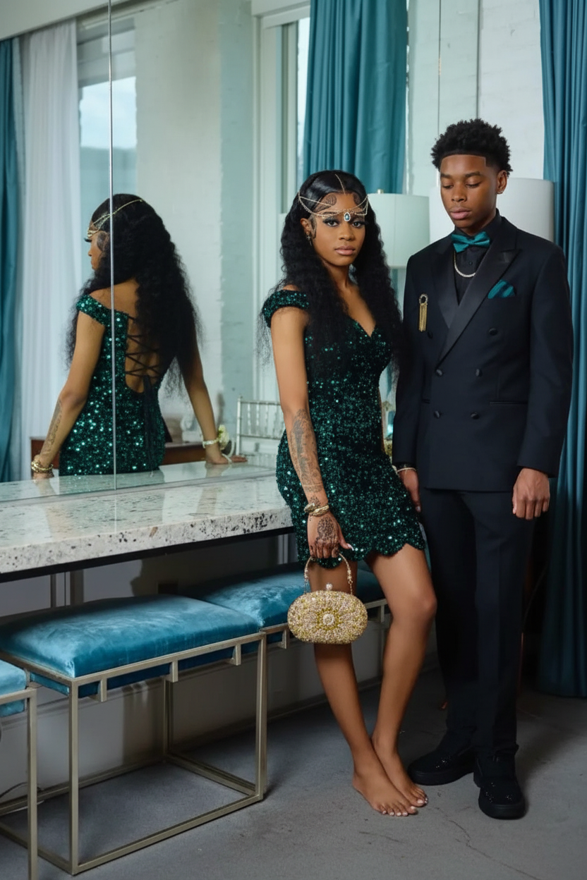 Dark emerald green sequin off-shoulder mini party dress with lace-up back, back view