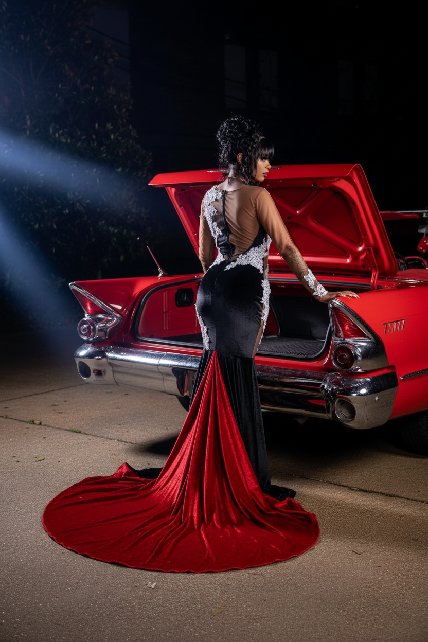 Black velvet white lace mermaid prom dress red velvet train back view