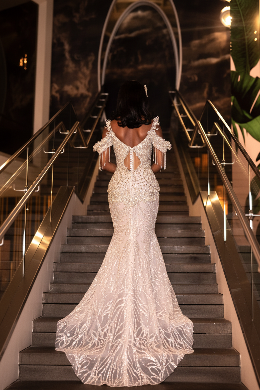 Ivory crystal fringe mermaid prom dress - back view showing open back and sweep train