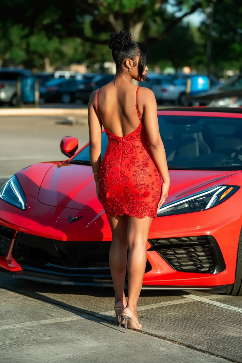 Red sheer beaded lace mini party dress back view