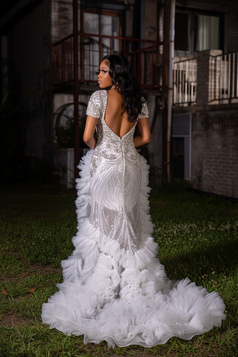 Silver Sequin Beaded Mermaid Gown with Ruffle Train-LLELLA