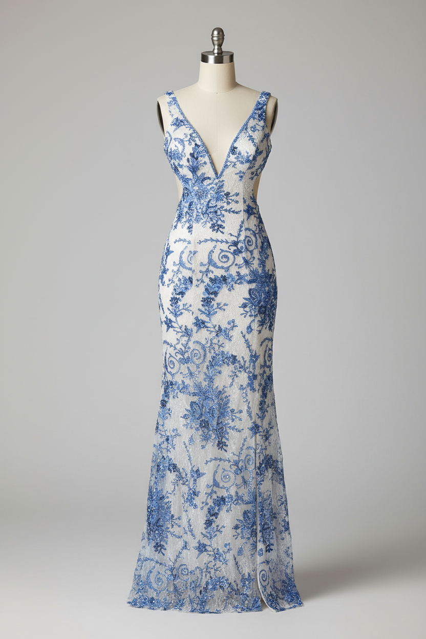 White mermaid prom dress with blue lace embroidery - front view