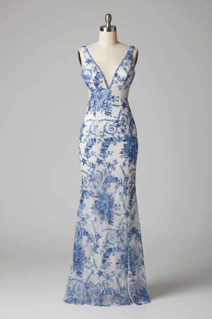 White mermaid prom dress with blue lace embroidery - front view