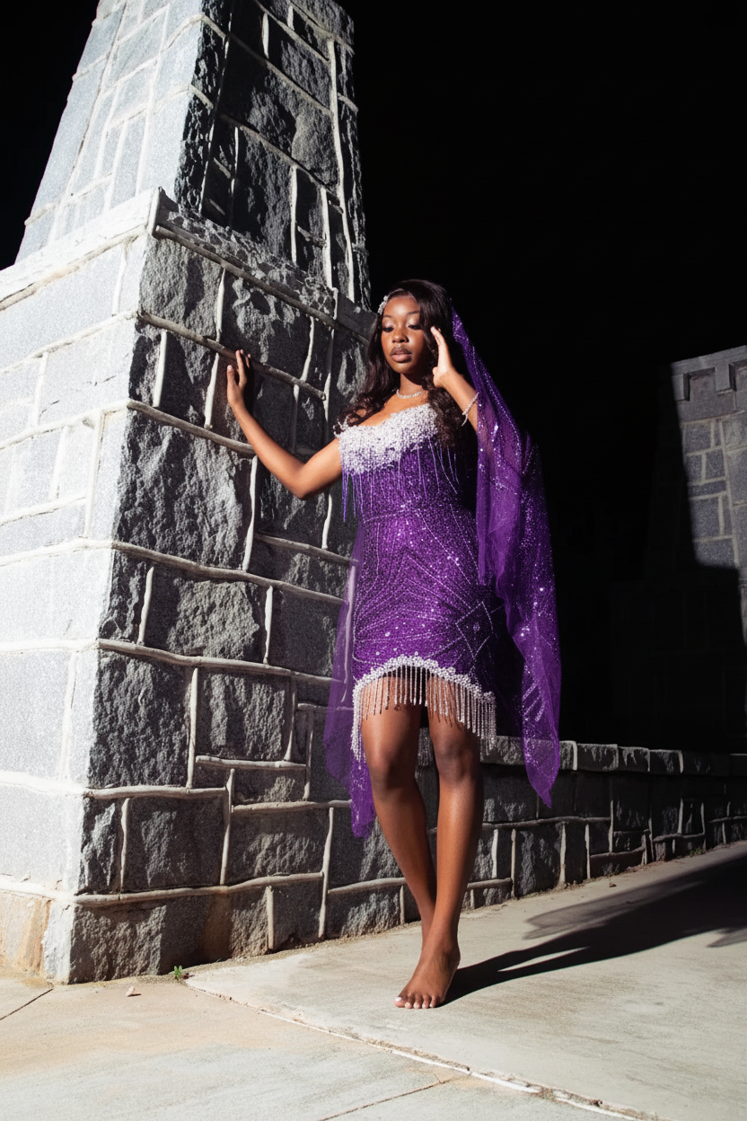 Purple sequin crystal mini party dress front view