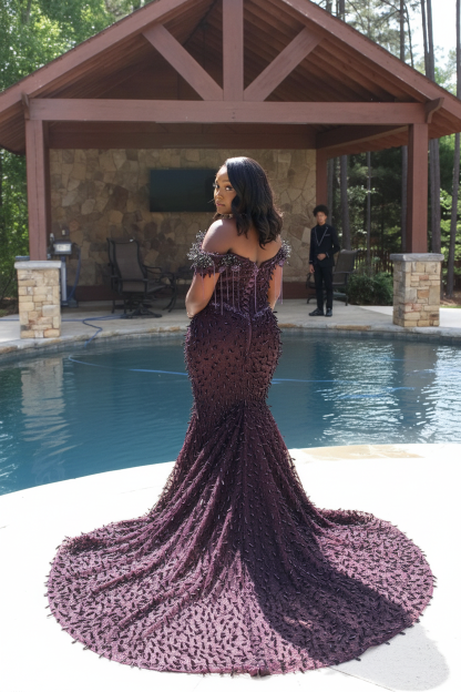 Deep purple beaded mermaid prom dress back view