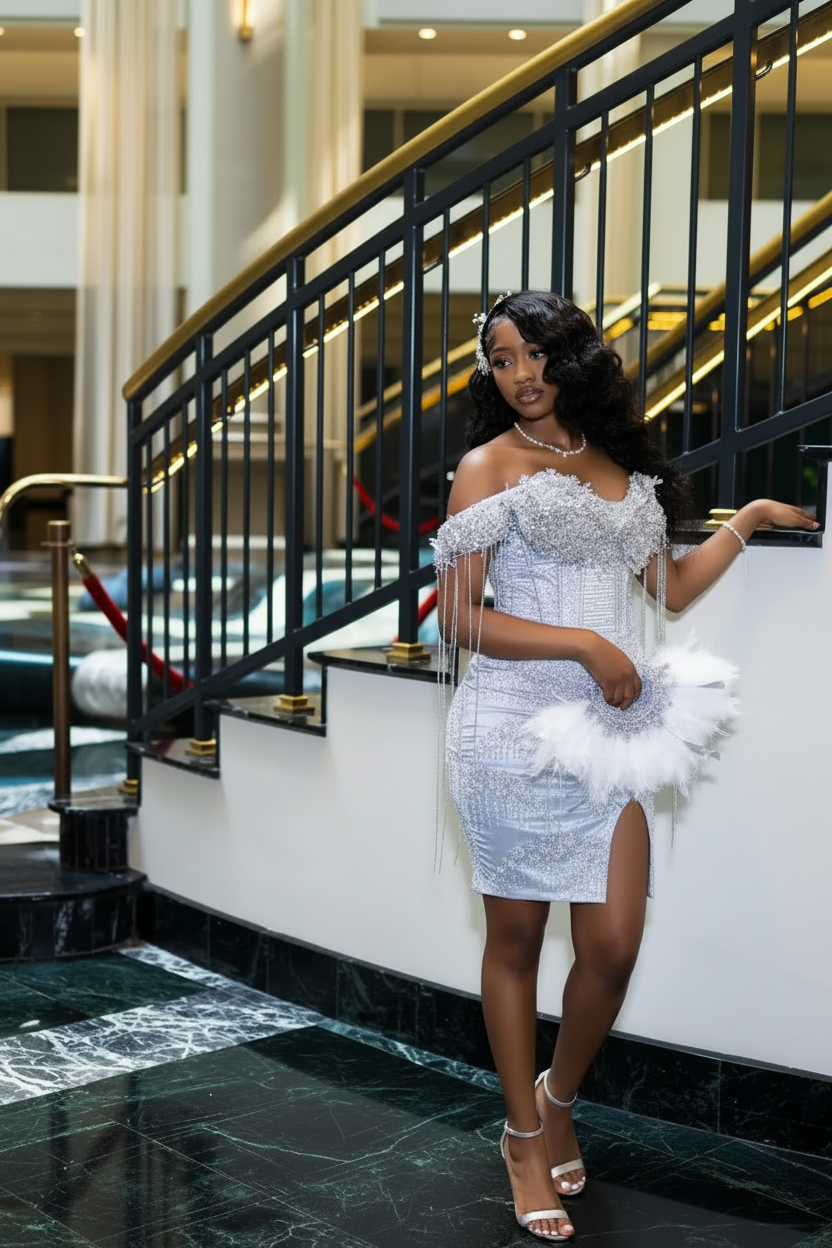 Ice Blue Off-Shoulder Crystal Tassel Fringe Beaded Homecoming Dress with Slit | HC007