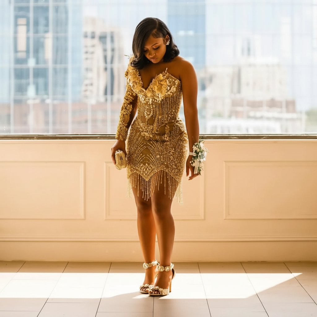 Gold One-Shoulder Crystal Tassel Fringe Beaded Homecoming Dress | HC006