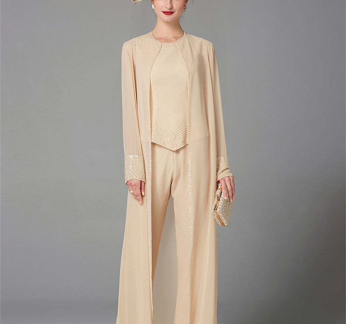 Long-Sleeve Chiffon Mother of the Bride Pantsuit with Jacket and Sequins-LLELLA