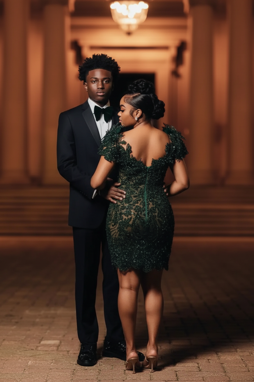 Emerald green 3D leaf crystal beaded mini party dress deep V-neck, back view