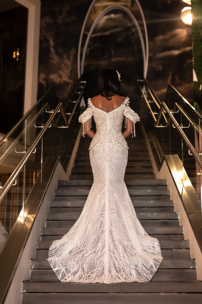 Ivory crystal beaded mermaid prom dress back view