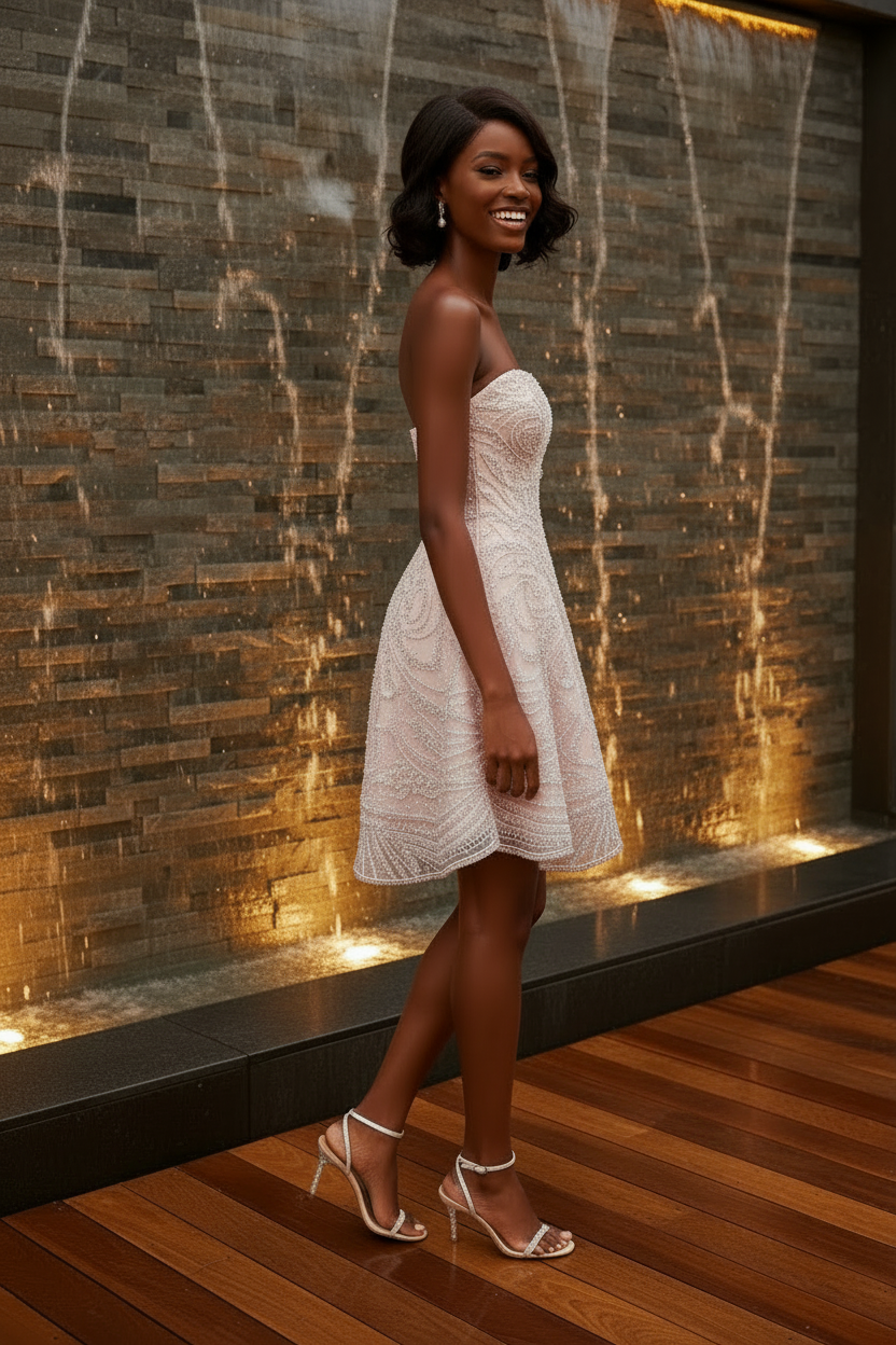 Blush Pink Pearl Crystal Beaded Strapless Homecoming Mini Party Dress - Side View