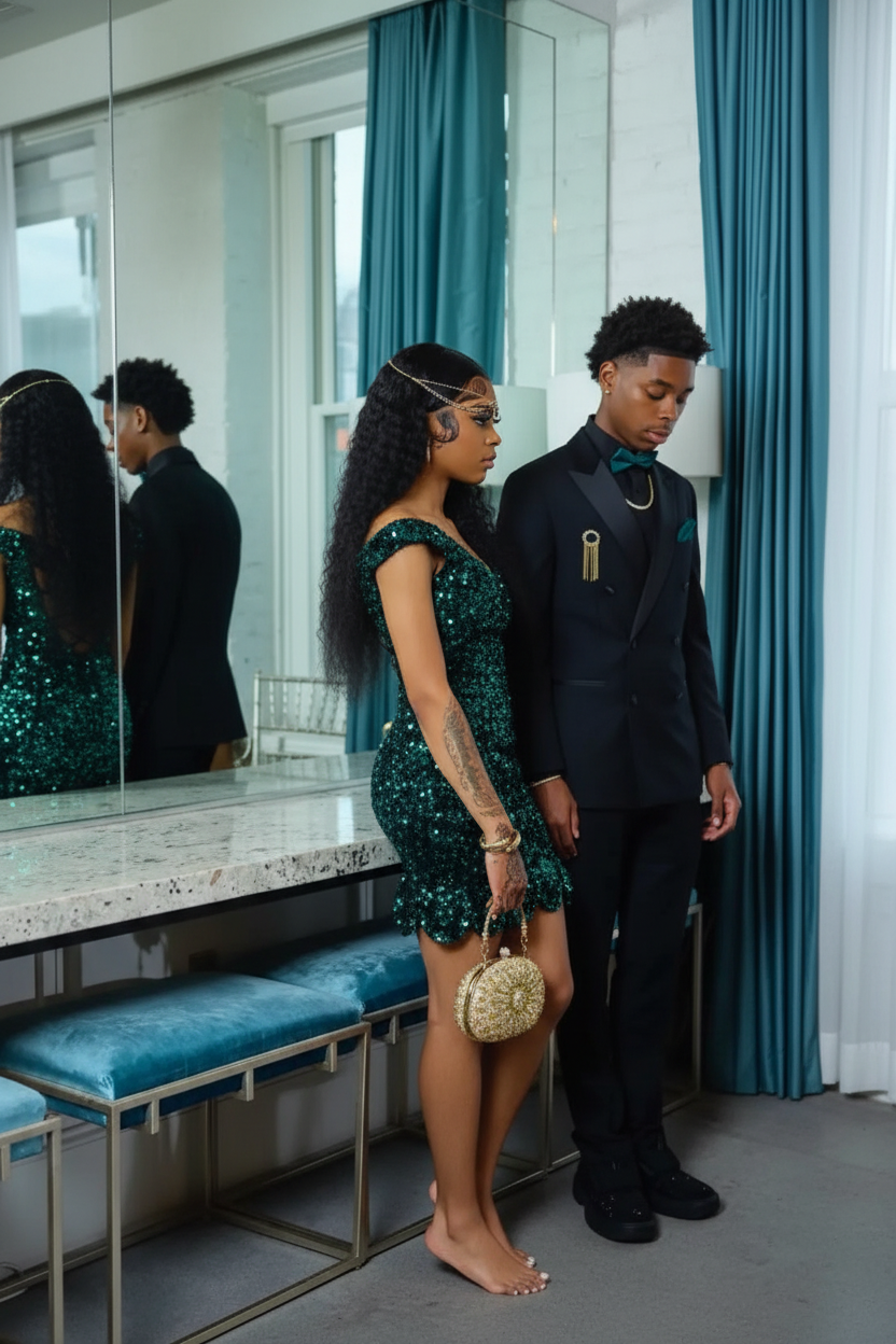 Dark emerald green sequin off-shoulder mini party dress with lace-up back, side view