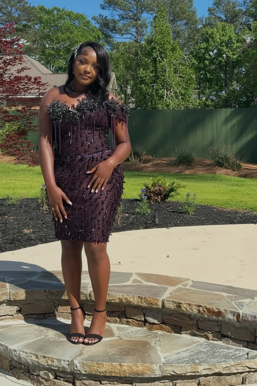 Deep Purple Off-Shoulder Beaded Feather Mini Homecoming Dress with Crystal Fringe