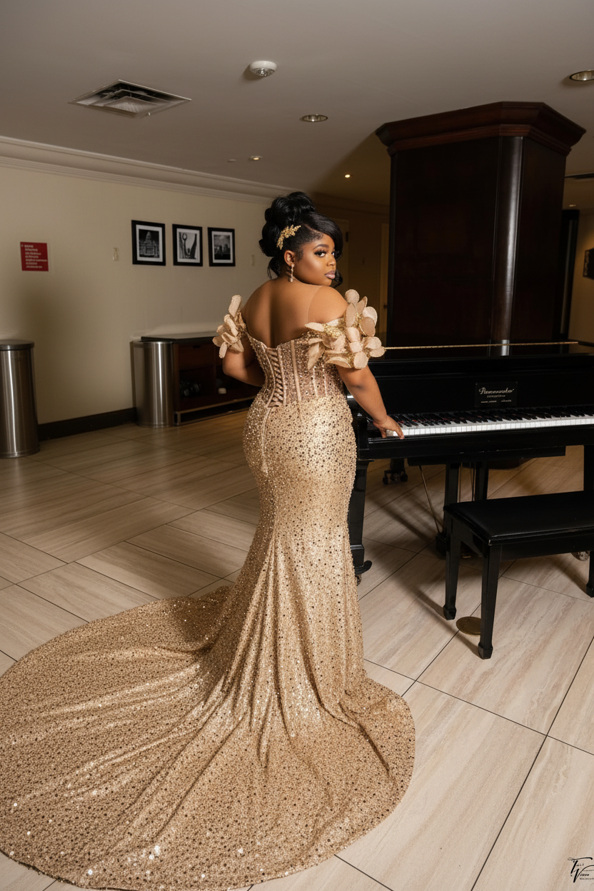 Champagne gold 3D petal mermaid prom dress back view